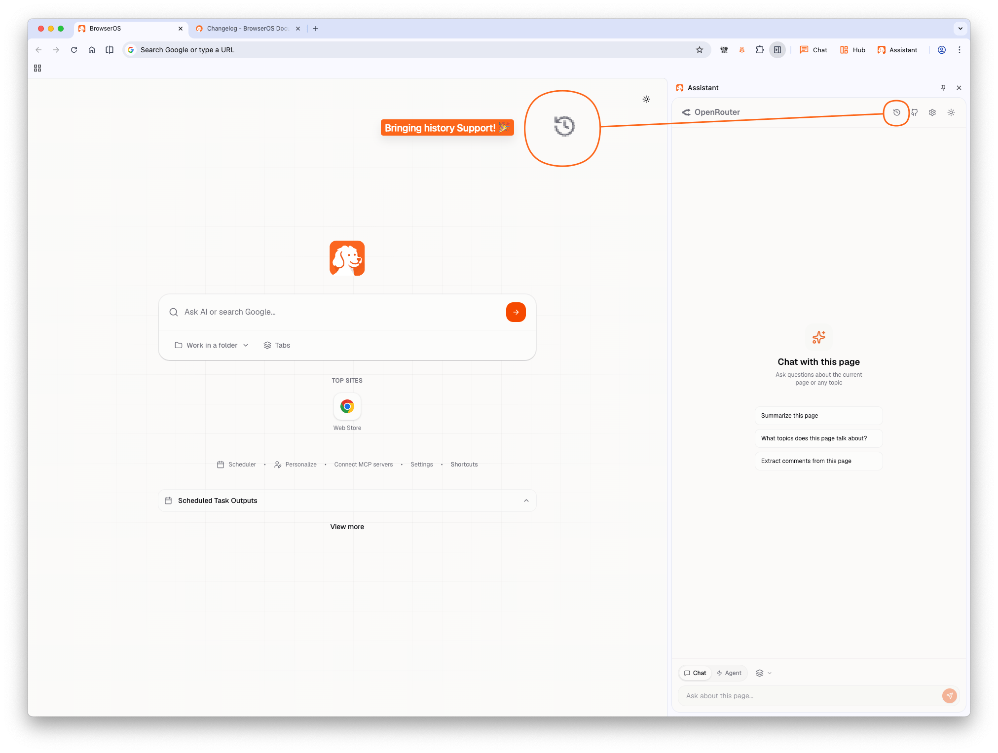 Agent history button in the Assistant panel
