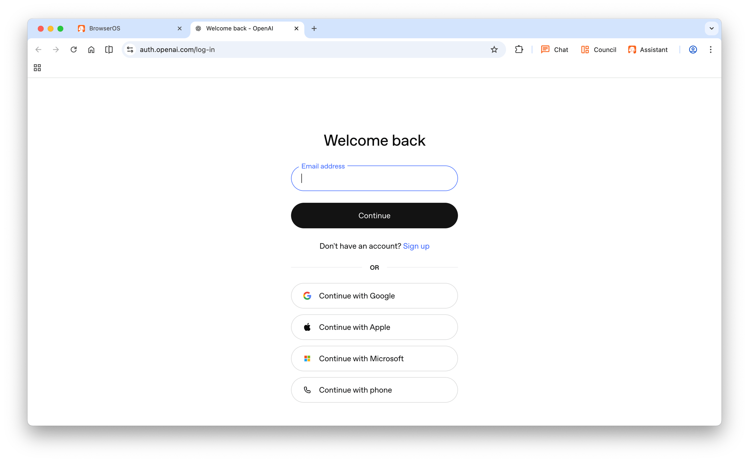 Login screen