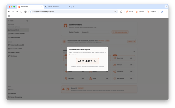 Device code displayed