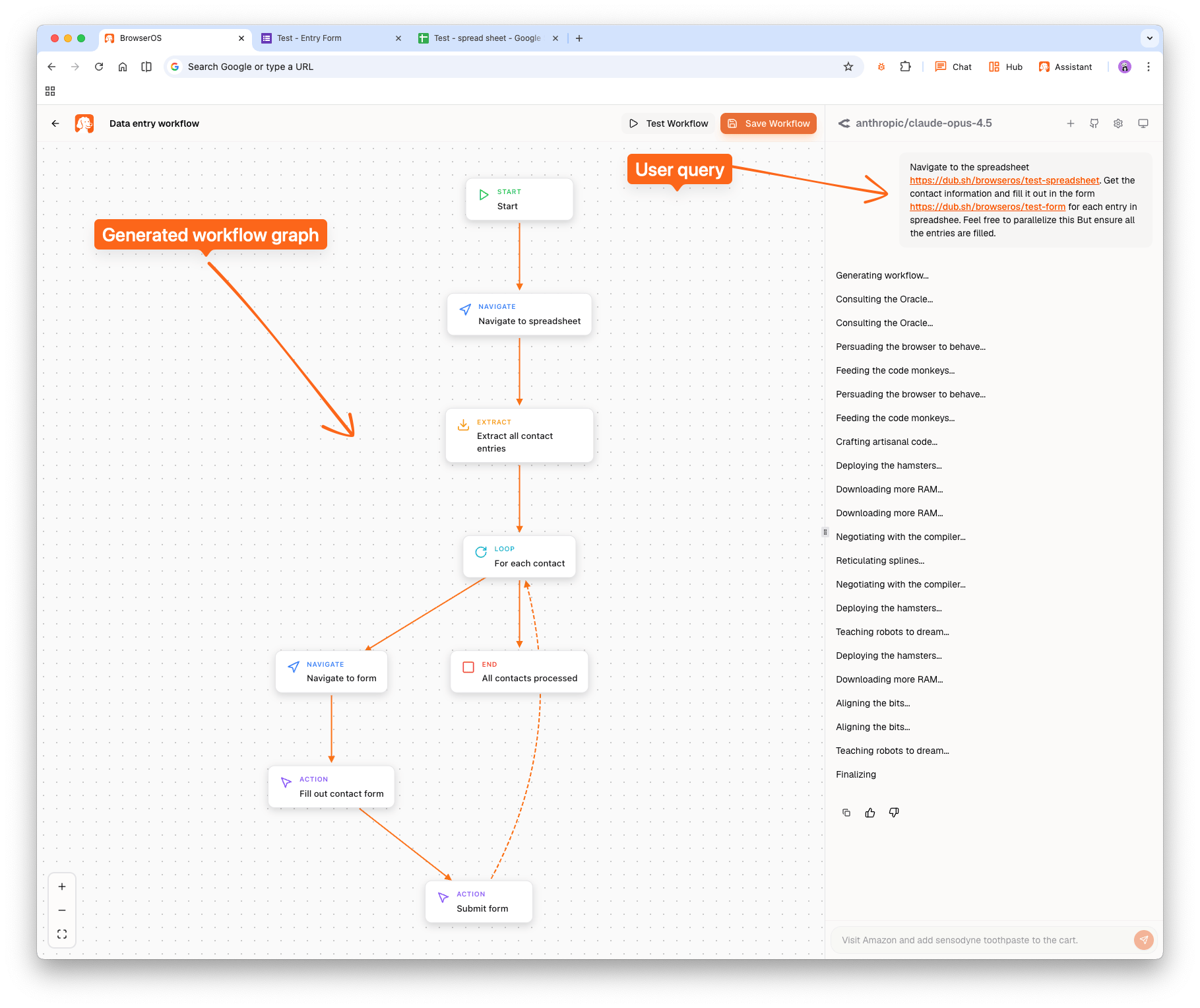 Workflows visual graph builder showing a data entry automation