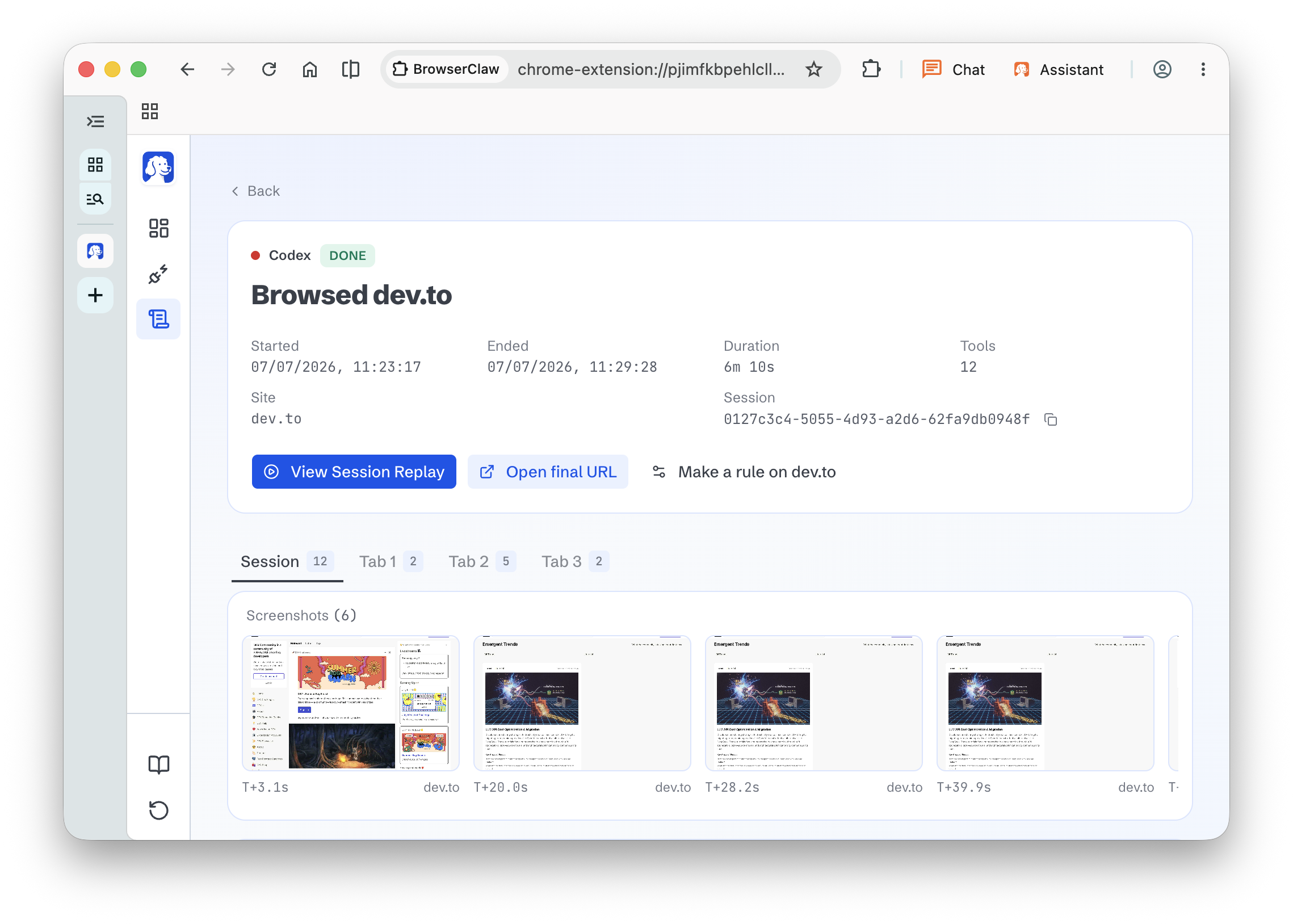 Session detail page for a Codex agent that browsed dev.to, showing run metadata, tabs, screenshots, and view-replay controls