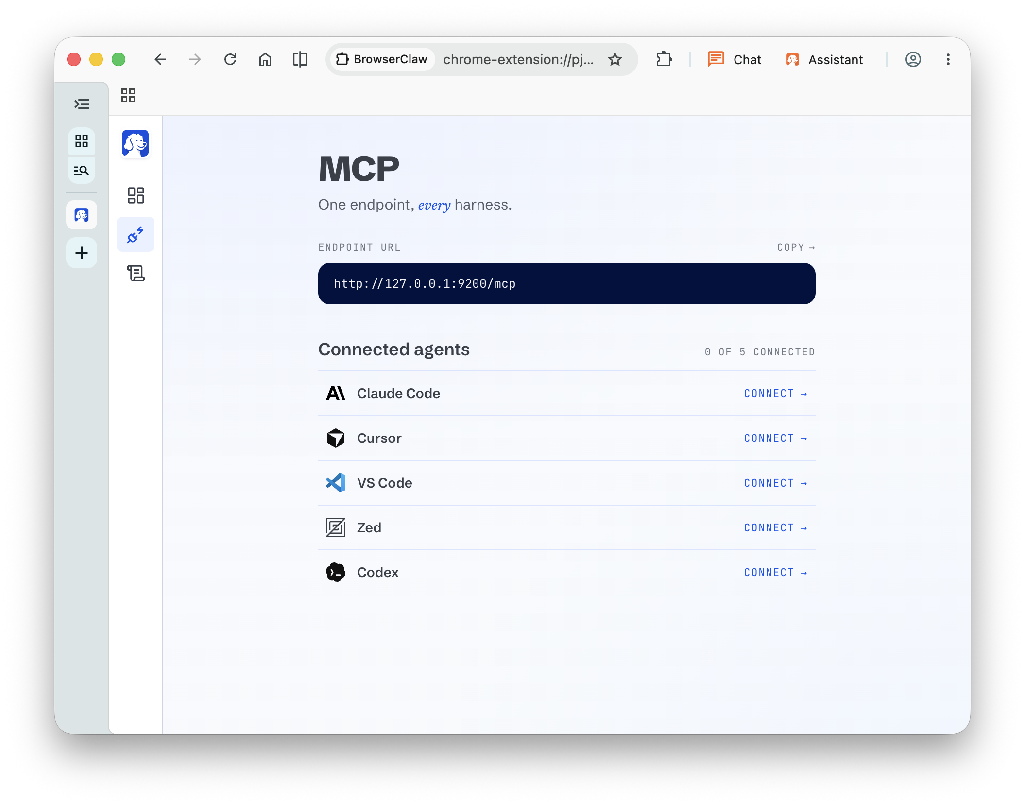 GreaseClaw MCP install board with the endpoint URL and one-click Connect buttons next to Claude Code, Cursor, VS Code, Zed, and Codex